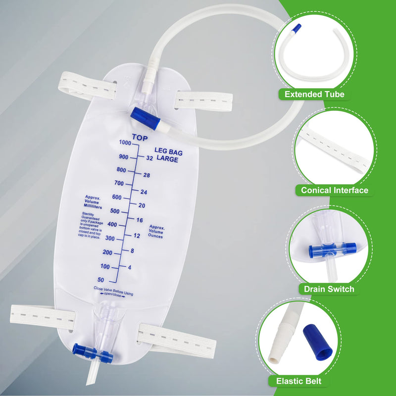 [Australia] - 3 Pack Easy-Tap Catheter Leg Bag Urinary Drainage Bag, 1000ml, Anti-Reflux Valve, Cloth Straps, Easy Flip Drain ，18” Tubing 