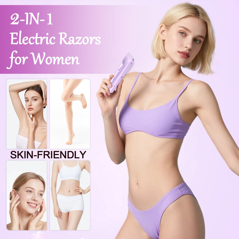 [Australia] - 2-in-1 Bikini Trimmer for Women, Bikini Shaver, Dual Head Electric Razor, IPX7 Waterproof Wet/Dry, USB Rechargeable for Pubic/Underarm/Leg, Pink Purple 
