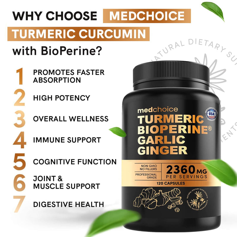 [Australia] - 4-in-1 Turmeric and Garlic Supplements with Bioperine 2360 mg (120 ct) Turmeric Ginger Root Capsules with Garlic - Turmeric Curcumin with Black Pepper for Joint, Digestion & Immune Support (Pack of 1) 120 Count (Pack of 1) 