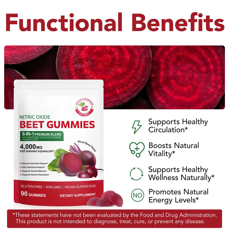 Beet Root Gummies 8-in-1 Premium Blend with Grape Seed, CoQ10, Vitamins C & B12 4000 mg Beet Equivalent Per Serving, Mixed Berry Flavor, 90 Gummies