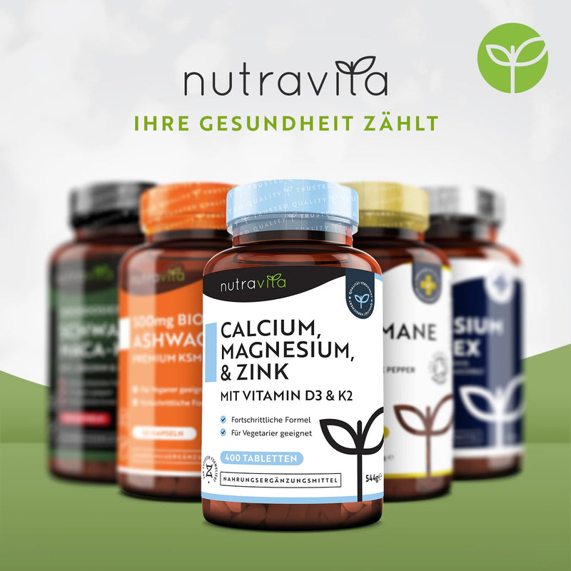 [Australia] - Calcium Magnesium Zinc - 400 high-dose vegetarian tablets (6 months) - Magnesium oxide with vitamin D3, K2, selenium, manganese - Complex with 600 mg calcium per daily dose - Bones + Muscles - Nutravita 