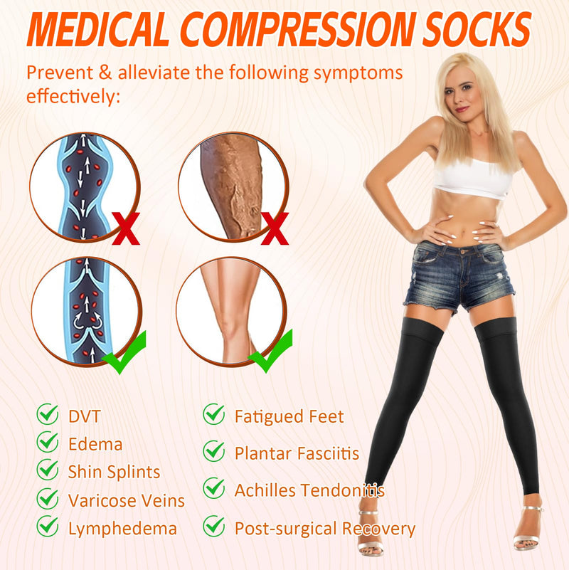 [Australia] - Thigh High Compression Stockings for Women Men, 20-30mmHg Footless Graduated Compression Socks with Silicone Band, Medical Support Sock for Varicose Veins, Edema, Post-Surgery, Sports Large 1 Pair-Black 