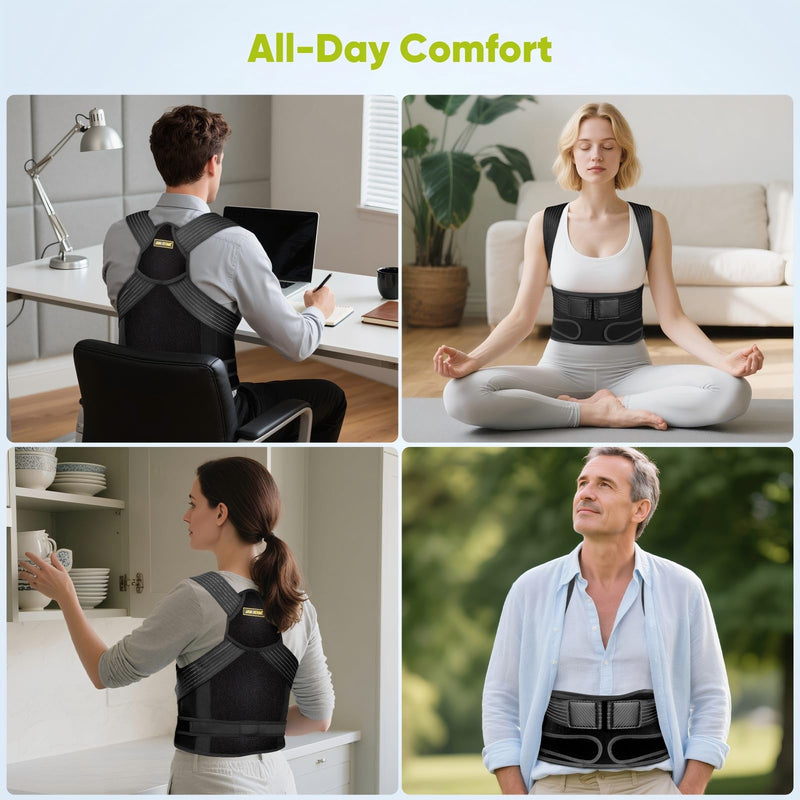 [Australia] - Back Brace Posture Corrector for Women & Men - Elastic Shoulder Straps, Full Back Support, Upper/Lower Pain Relief - Scoliosis, Hunchback Medium Black & Gold 