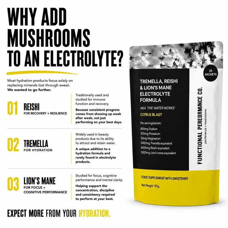 Electrolyte Powder with Lion’s Mane, Reishi & Tremella | 800mg Sodium + 200mg Potassium + 30mg Magnesium | Hydration, Focus & Recovery | 25 Sachets | Sugar Free Citrus Blast