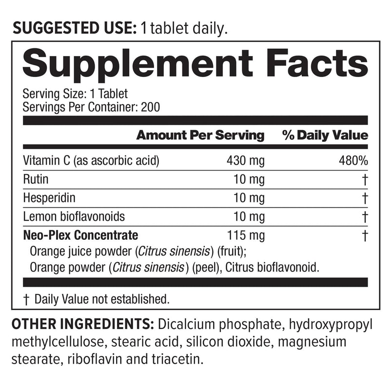 NeoLife Super C - Plant Based Extracts, 430mg Vitamin C Supplement with Rutin, Hesperidin, Lemon Bioflavonoids, Tablet Supplements, Orange Juice Powder & Acerola Cherries - 200 Tablets