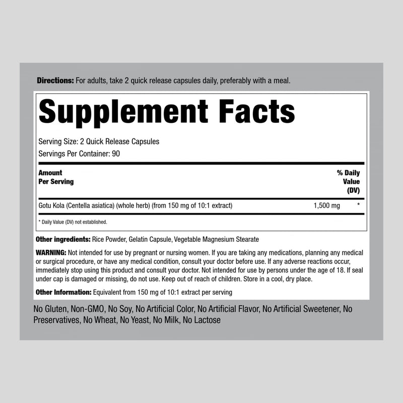 [Australia] - Piping Rock Gotu Kola Capsules | 1500mg | 180 Count | Concentrated Herbal Extract | Non-GMO, Gluten Free Supplement 