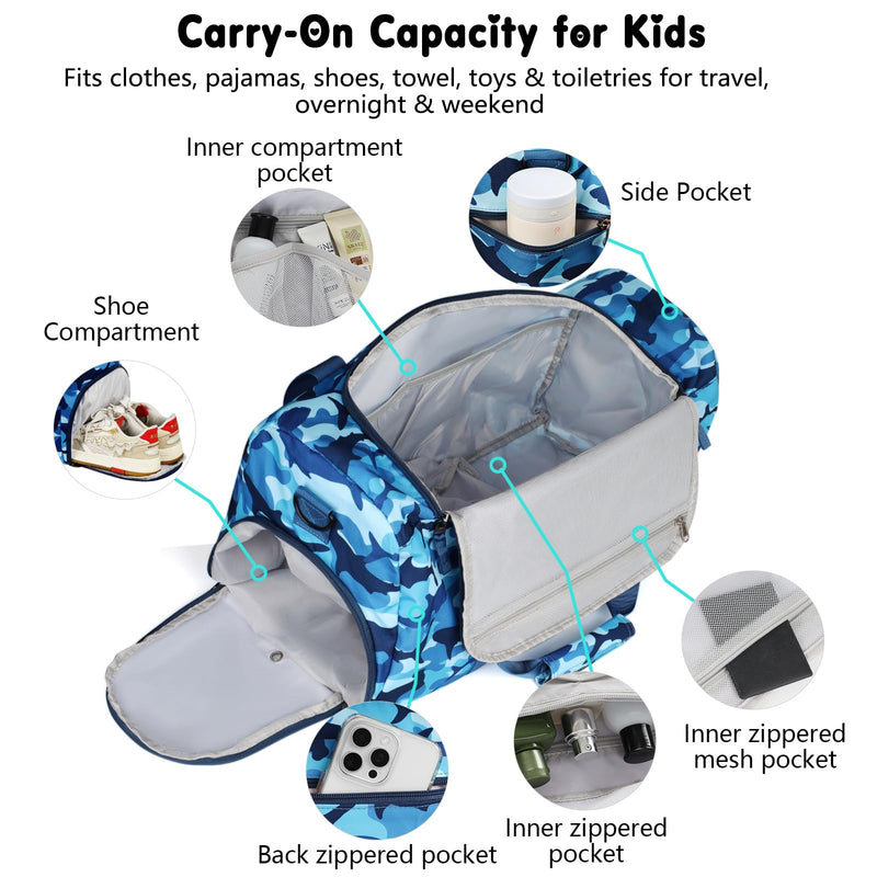 Boys Duffle Bag for Travel, Kids Duffle Bag Large Weekender Overnight Bags with Kids Toiletry Bag Set Shoe Compartment Carry on, Shark Blue