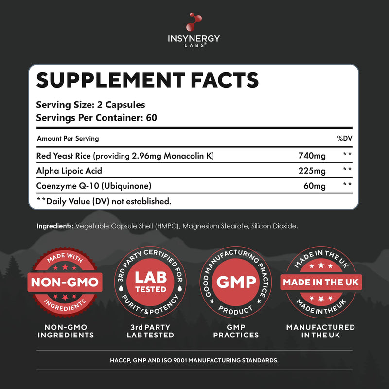 Red Yeast Rice with CoQ10 & Alpha Liopic Acid (3 Cholesterol Lowering Ingredients) Supplement Coenzyme Q10 Red Yeast Cholesterol Lowering Supplements 120 Vegan Capsules