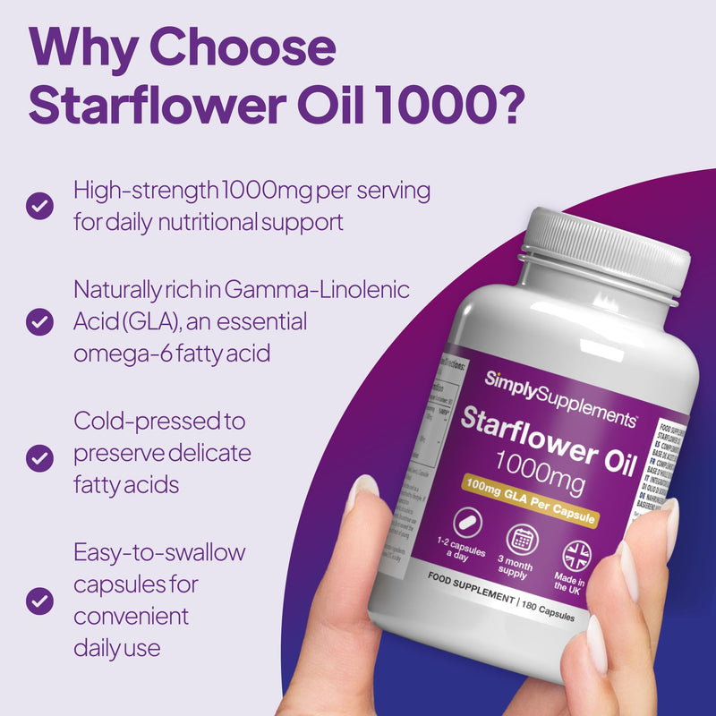 Starflower Oil 1000mg | High Strength Borage Oil Softgels with GLA | 180 Softgels | Cold-Pressed | Made in The UK Unflavoured 1 count (pack of 180)