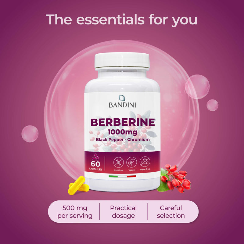 Bandini® Berberine 1000mg Pure high Dosage | Pure Berberin HCl from Berberis Aristata 97% + Chromium and Black Pepper | Maximum Absorption | Digestive, Liver, intestinal Function | 60 Vegan Capsules