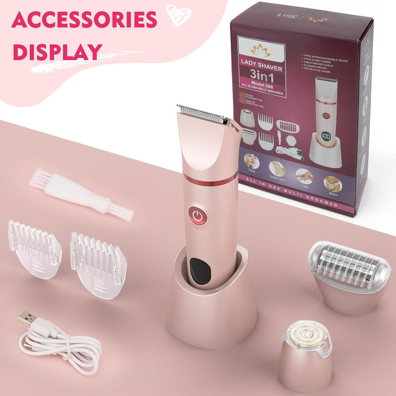Bikini Trimmer for Women, 3 in 1 Electric Razors for Women, Rechargeable Electric Bikini Shaver, Waterproof Pubic Hair Trimmer and Facial Hair Remover with LED Display Pink