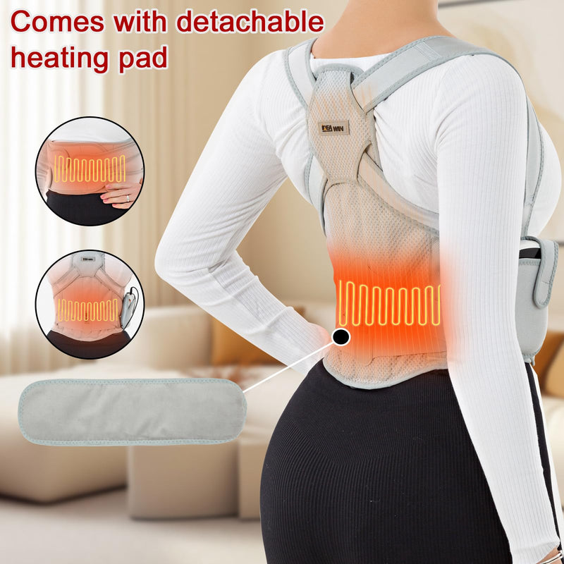 [Australia] - Back Brace Posture Corrector for Women and Men with Detachable Heating Pad - Adjustable Posture Corrector Belt, Relieve Pain in Upper and Lower Back, Waist, And Shoulders (Gray, Medium) Gray 