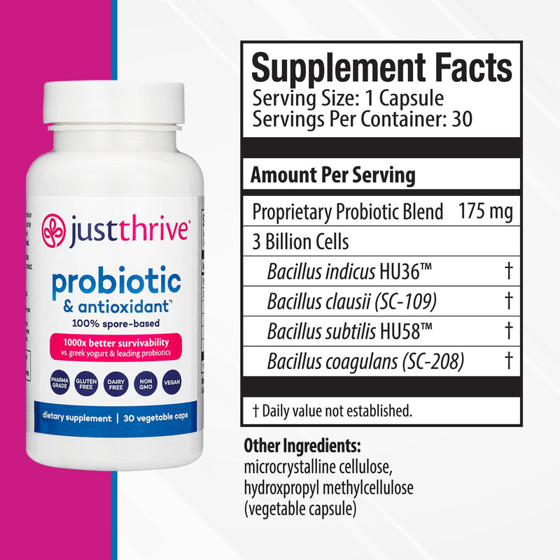 [Australia] - Just Thrive Probiotic & Antioxidant Supplement - 100% Spore-Based Digestive and Immune Support - Gluten Free, 30 Caps 30 Count (Pack of 1) 
