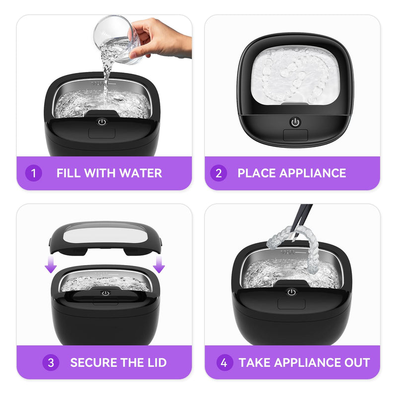 [Australia] - Ultrasonic Retainer Cleaner, 45kHz Dental Cleaning Pod for Dentures, Aligners, Night Guards & Jewelry, 150ML Denture Cleaner 2 Timed Modes & Travel Design 