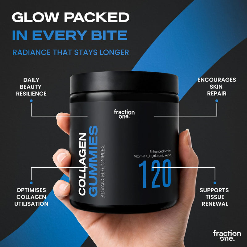 Fraction One Collagen Gummies - 120 Gummies - Advanced Collagen Complex with Vitamin C & Hyaluronic Acid - Supports Skin, Hair & Nail Health - Strawberry Flavour - Vegan Friendly - 60 Days Supply