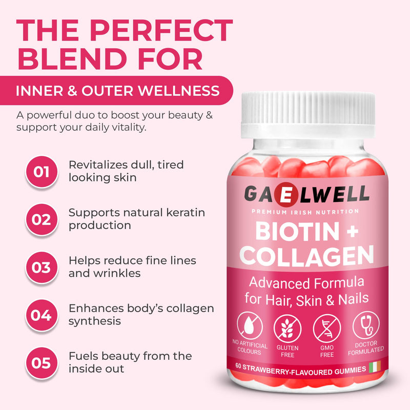 Biotin + Collagen Gummies - High Strength 5000mcg Biotin, Marine Collagen, Vitamin C, Zinc - Hair Growth, Skin & Nail Support - Gluten-Free, Vegan-Friendly, Non-GMO, 60 Strawberry Gummies Gaelwell®
