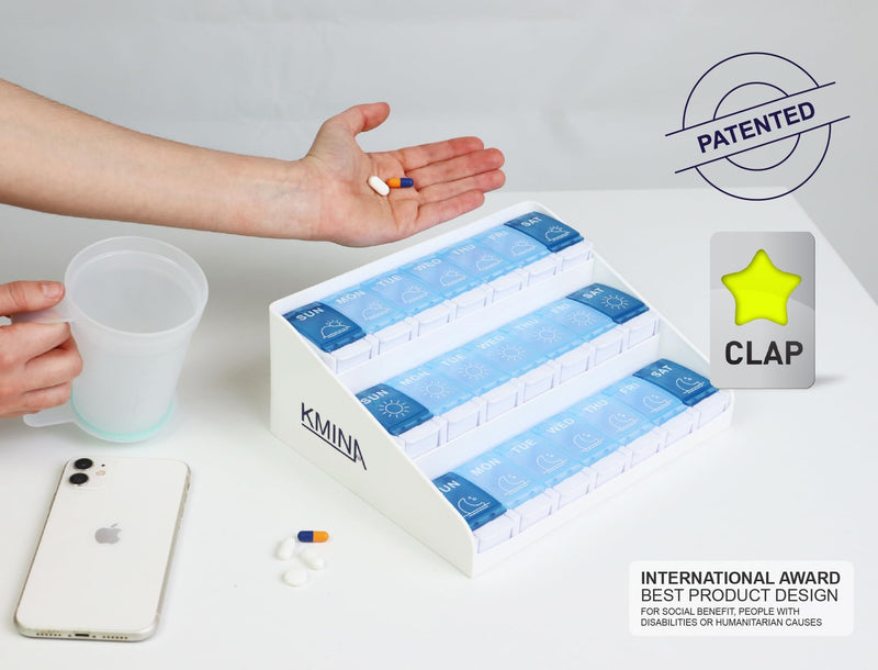 KMINA Extra Large Pill Organizer 3 Times a Day, Weekly Medicine, 7 Day Pills Box Case with Push Button for Big Vitamin Supplements, Patented, Made in Europe