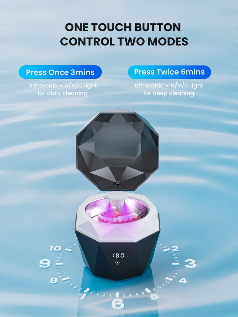 [Australia] - Ultrasonic Denture Cleaner Machine 43±5KHz Rechargeable Retainer Cleaner with Digital Timer & U-V-C Lights for Braces Night Guard Aligners Toothbrush Heads Jewelry Black 