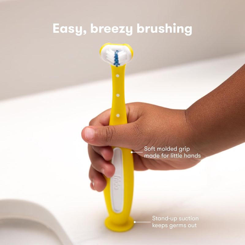 [Australia] - Frida Baby Triple-Angle Toothhugger Training Toddler Toothbrush | Toddler Toothbrush 2 Years and Up, Cleans All Sides at Once | 2 Pack (Yellow + Blue) 1 Count (Pack of 2) Yellow + Blue 