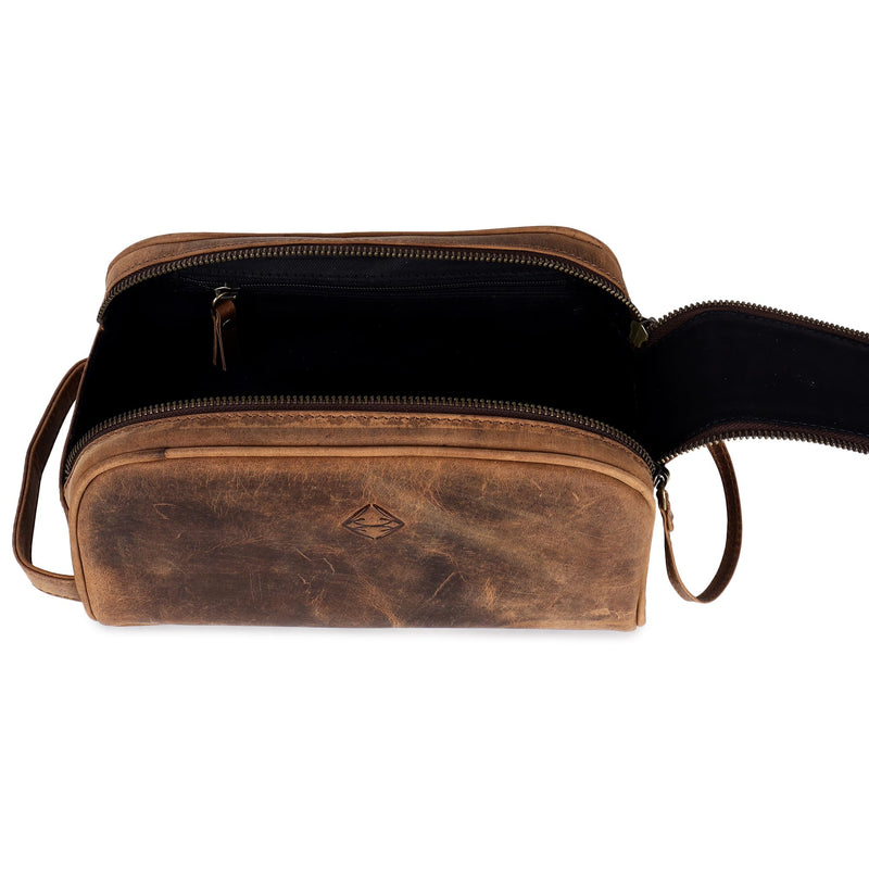 TRISKY Men's Leather Travel Toiletry Bag- Leather Dop Kit For Men & Women With Water Resistant Lining, King-size Handcrafted Bathroom Bag For Men- Tan Brown