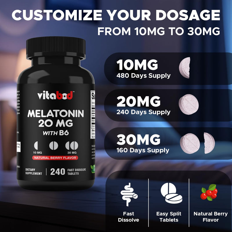 Vitabod Melatonin 20 mg with Vitamin B6, 240 Fast Dissolve Tablets -2 Pack | Natural Berry Flavor, Sleep Support*, Non-GMO, Gluten Free, Made in USA