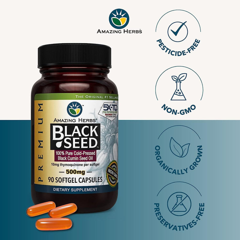 [Australia] - Amazing Herbs Premium Black Seed Oil Capsules - Gluten Free, Non GMO, Cold Pressed Nigella Sativa Aids in Digestive Health, Immune Support, Brain Function - 90 Count, 500mg (Pack of 2) 