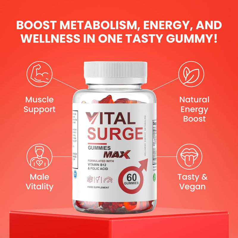 Vital Surge MAX Testo Gummies for Men – Natural Energy, Vitality & Stamina Support, Vegan, 60 Gummies, Slim Warriors