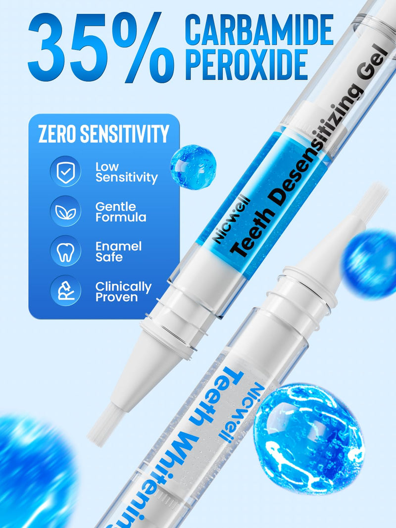 Nicwell Teeth Whitening Kit for Sensitive Tooth: 3 x 35% Carbamide Peroxide Gel & 1 Safe Remineralizing Pen - Teeth whitening LED light for Glow Gen Aged 18-34 - Oral Care for Dentist Office Daily use