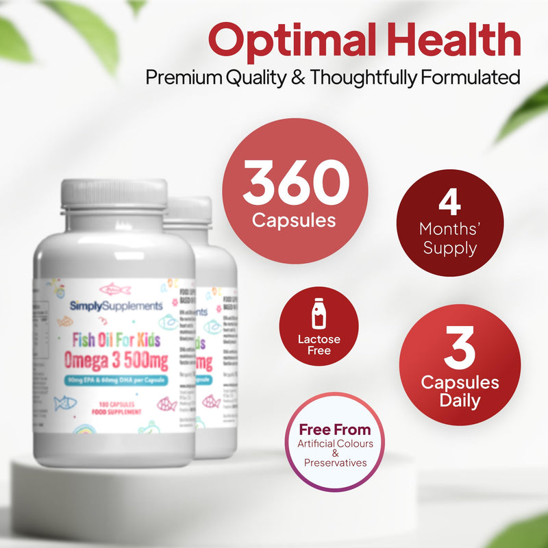 High Strength & Pure Omega 3 500mg for Kids | for Ages 4-15 Years | 360 Capsules in Total | Manufactured in The UK Unflavoured 180 count (Pack of 2)