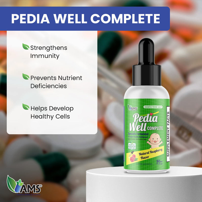 America Medic & Science PediaWell Complete (50mlL) | Liquid Multivitamin for Kids | Iron Supplement with Vitamins A and C for Babies and Toddlers | Vitamin Drops for Enhanced Growth and Development Complete, Natural Raspberry