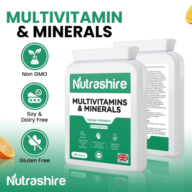 Vegan Multivitamins and Minerals – 60 Multivitamin Tablets for Men & Women with 24 Essential Nutrients Including B12, Iron, Calcium and Zinc – Made in UK