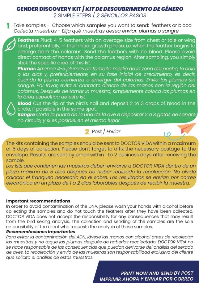 Bird Sexing DNA. Gender Reveal Test for Parrots, Lovebirds, Cockatoos, African Grey,Macaw, Cockatiels, Parakeets, Eagles, Owls + 1000 Species. Avian Sexing DNA Testing. Sample Collection Kit included - PawsPlanet Australia