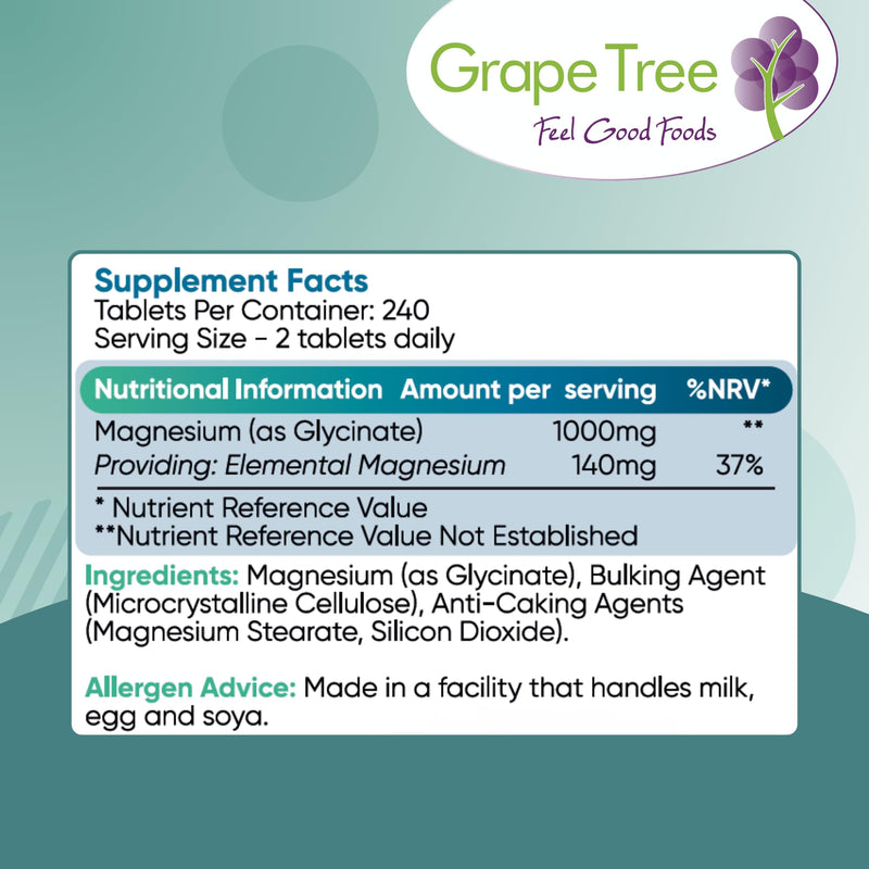 Grape Tree Magnesium Glycinate 1000mg Supplements 240 Vegan Tablets with 140mg of Elemental. High Strength Magnesium Supplements. Easy to Digest Tablets for Sleep and Energy.