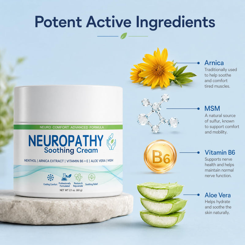 Neuropathy Soothing Cream - Fast-Absorbing Cooling Relief for Legs, Feet & Hands | Advanced Formula with Aloe Vera, Arnica, MSM & Vitamin B6, 2 fl oz