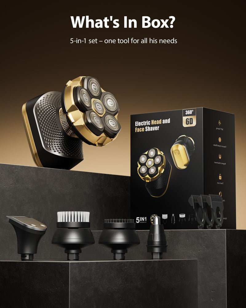 [Australia] - Head Shaver Pro for Bald Men [Titanium-Coated Blades] 5-in-1 Magnetic Electric Trimmer, Powerful 8500 RPM Motor, USB-C Fast Charge, LED Display, IPX7 Waterproof for Body Hair Grooming (Gold) 