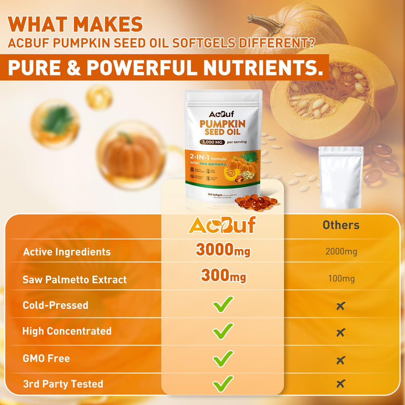 [Australia] - Pumpkin Seed Oil with Saw Palmetto, Pumpkin Seed Oil for Hair, Cold Pressed, Pure Virgin, Essential Fatty Acids & Phytosterols, 3000mg Per Serving, 300 Softgels 