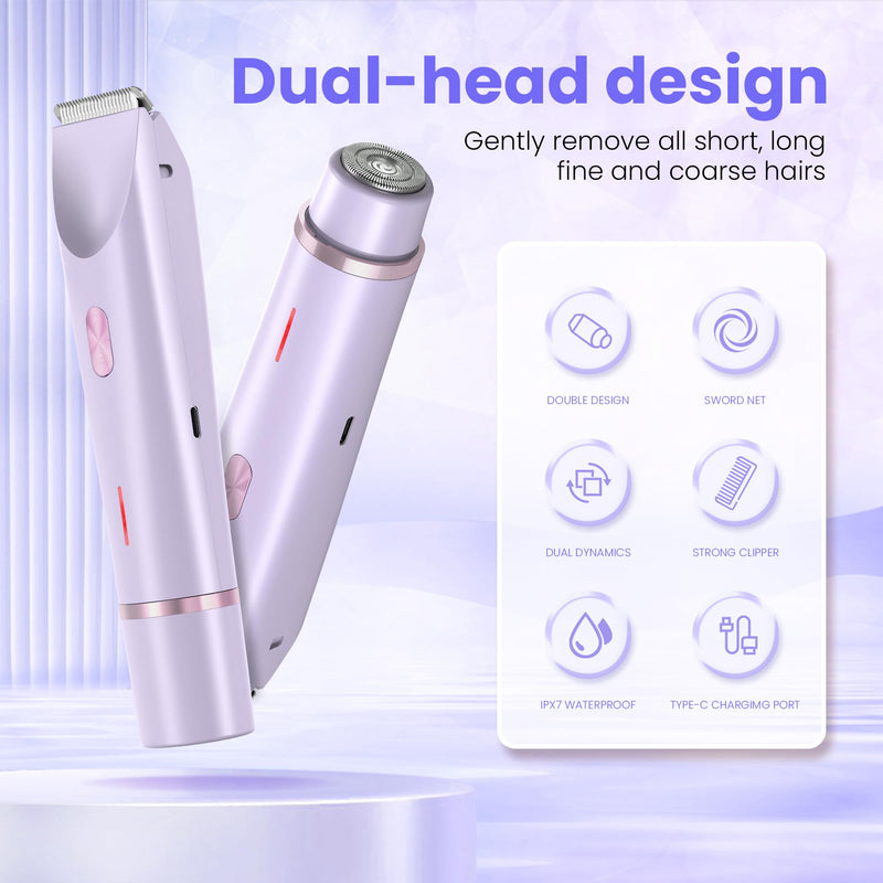 [Australia] - Bikini Trimmer for Women-2 in 1 Dual Head Electric Razors,IPX7 Waterproof Bikini Electric Shaver,Dry & Wet Use Painless Bikini Shaver,Pubic Hair Trimmer for Private Area & Body Hair,Purple Purple 