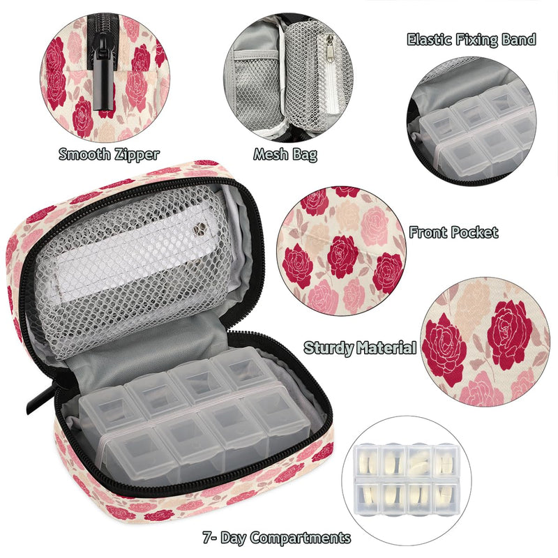 Weekly Travel Pill Organizer Case for Purse with Removable 7 Day Box Portable Compact Size Pill Box Fashionable Pill Container for Medicine Vitamin Supplement Rose Pink Flower A03:rose