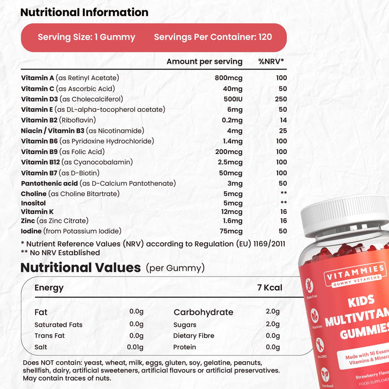 Vitammies Vegan Kids Vitamins | Kids Multivitamin Gummies | 4 Month Supply | 16 Essential Nutrients | Vitamin C, A, D3, B2, B6, B12, E, K, Biotin, Iodine, Zinc & More | Non-GMO | Chewable | GMP Kids Multivitamins Gummies