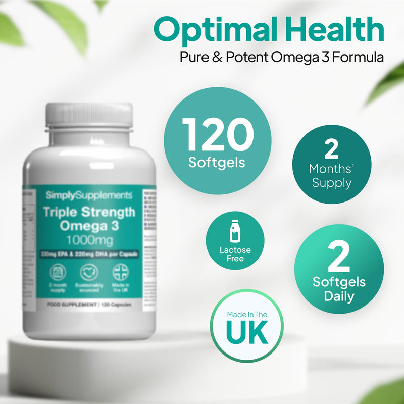 Triple Strength Omega 3 1,000mg | Supports Heart, Brain & Eye Health | Rich in Omega 3 Fatty Acids | 660mg of EPA and 440mg of DHA per Serving | 120 Capsules = 2 Months’ Supply | Made in UK 120 count (Pack of 1)