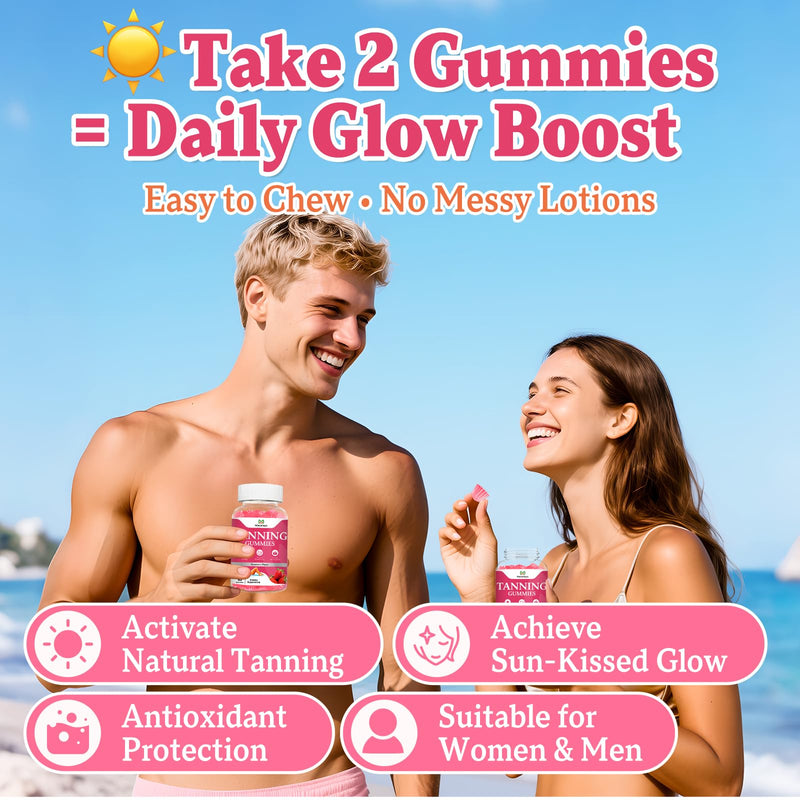 [Australia] - 2 Pack Tanning Gummies for Women, Daily Tanning Supplement Melanin Tan Gummy Chew with Astaxanthin Vitamin Beta Carotene Work Fast Without Sun for Men, Vegan Sugar Free,Strawberry Flavor,120 Count 60 Count (Pack of 2) 