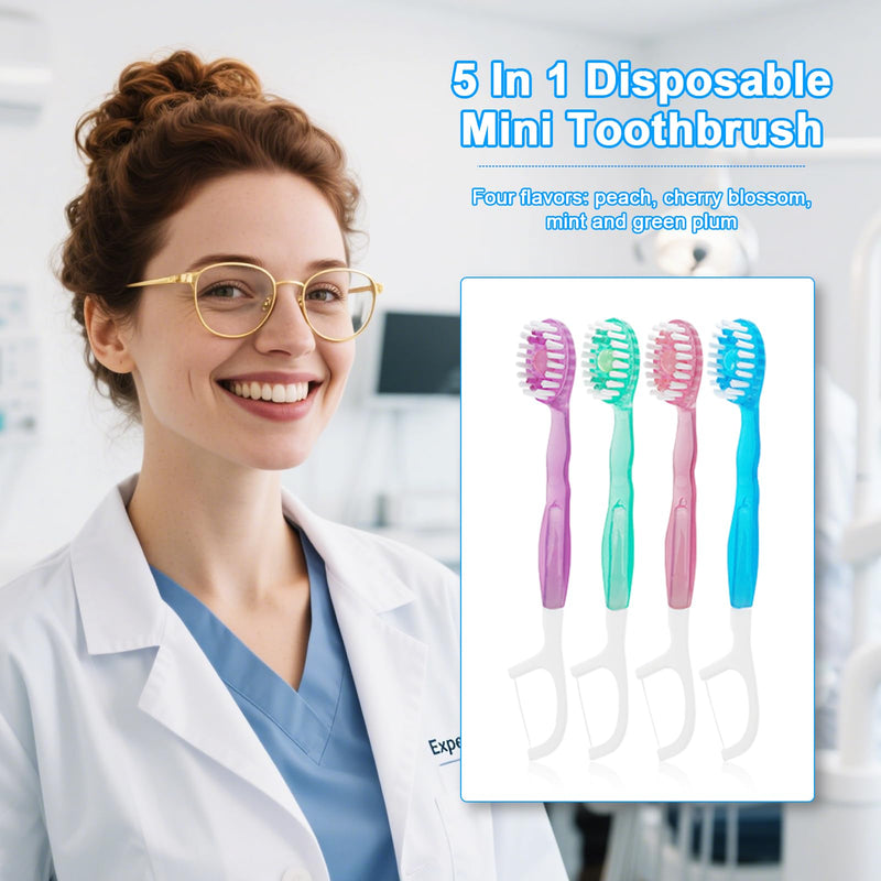 [Australia] - 5 in 1 Toothbrush & Floss, 26Pcs mini toothbrushes with Toothpaste, All in one Oral Care on The go, 5 in 1 mini Brush, Toothpaste and Floss, Disposable Travel Toothbrush Set (1) 