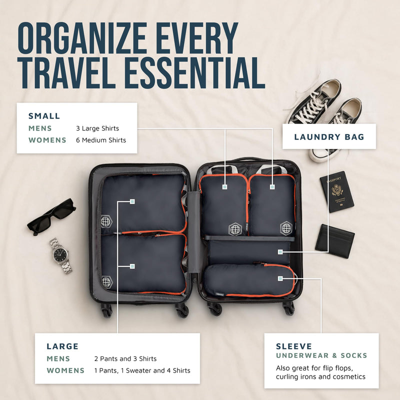 TRIPPED Travel Gear Compression Packing Cubes for Carry-On Travel 6-Pack | Ultralight Ripstop Packing Cubes with Compression Zippers for Organized Carry-On Luggage, Backpack, and Travel Packing 6 Piece Volcano (Grey and Orange) Carry On Set