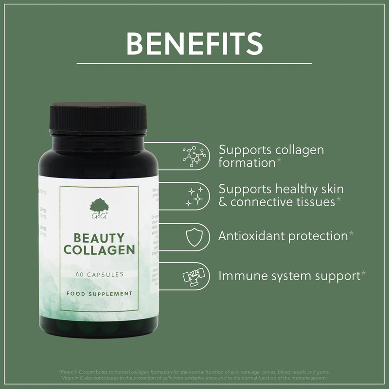 Beauty Collagen Supplement with Hyaluronic Acid - Hydrolysed Marine Collagen - 60 Capsules - Non-GMO, Made in the UK - G&G Vitamins