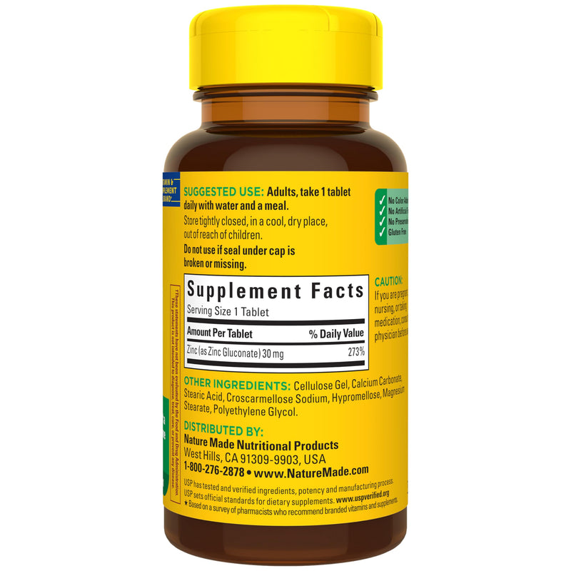 Nature Made Zinc 30 mg for Immune Health Support, 100 Tablets | Zinc Supplements for Men and Women, Dietary Supplement for Antioxidant Support, Gluten Free, 100 Day Supply 100 Count (Pack of 1)