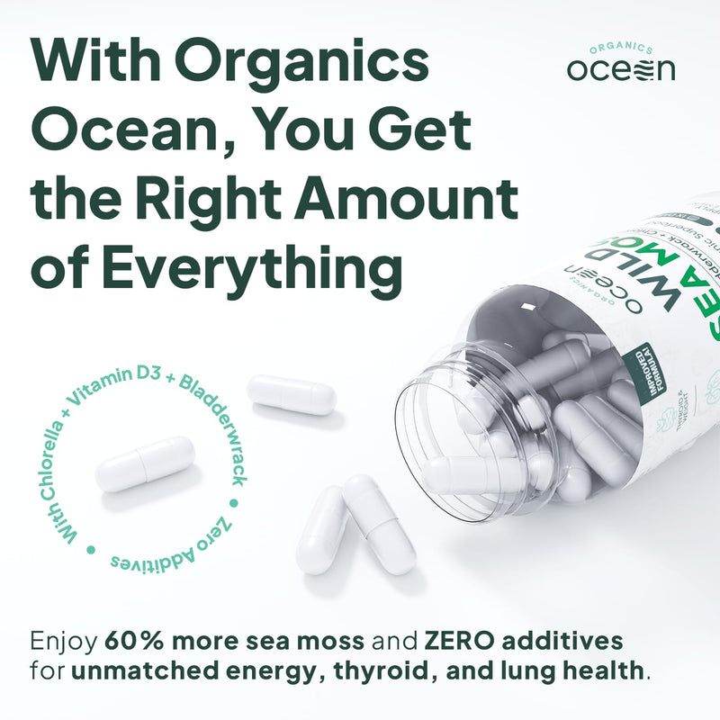 [Australia] - Wild Sea Moss Capsules - 100% Organic Irish Sea Moss with Organic Chlorella, Bladderwrack and Vitamin D for Energy, Lung Health and Thyroid Support for Women and Men - 60 Capsules 