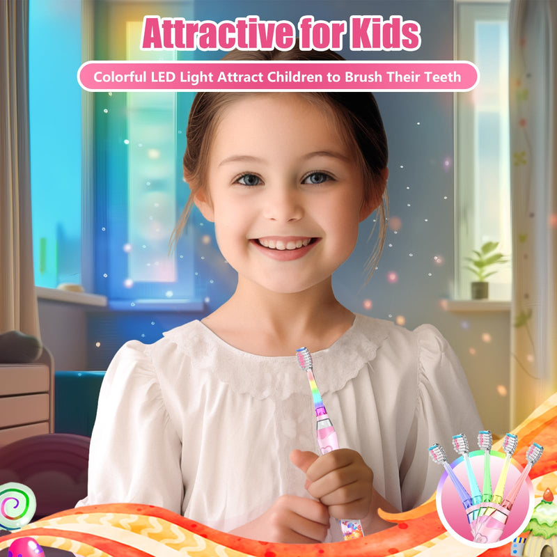 [Australia] - Kids Electric Toothbrush Toddler Toothbrush Age 2-4-8-12 Electric Toothbrush Kids with Timer Rainbow LED Light Up Vibrating Toothbrush Battery Operated Childrens Girls Sonic Tooth Brush (Pink Unicorn) Unicorn Pink 