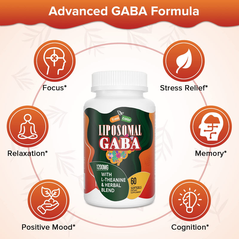 Liposomal GABA with L-Theanine Supplements 1200mg - High Absorption GABA Complex with Ashwagandha, Chamomile, Tart Cherry Herbal Supplements for Men and Women, 60 Softgels 60 Count (Pack of 1)