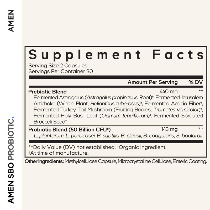 Amen SBO Probiotics Supplement, 50 Billion CFU, Prebiotics, 60 Capsules | Soil-based probiotic 50 billion CFU with prebiotics blend, sprouted broccoli, artichoke and acacia fiber. Vegan, non-GMO.