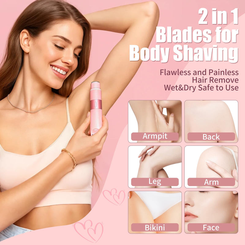[Australia] - Bikini Trimmer for Women - 2 in 1 Painless Electric Razors for Women, IPX7 Waterproof Rechargeable LED Dual Head Electric Shaver for Lady Bikini Underarm, Body, Leg, Face Hair Remove - Pink 